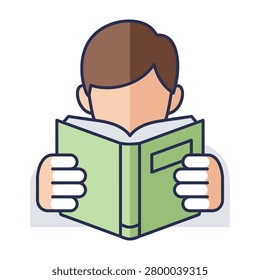 A flat icon of a student boy intently reading an open green textbook. Perfect for educational content, school programs, library services, and academic learning tools.