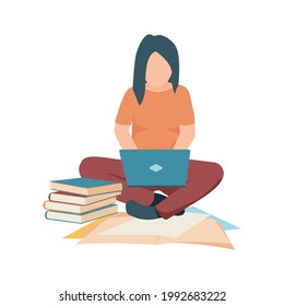 Flat icon with student studying with laptop stack of books and papers vector illustration