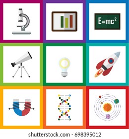 Flat Icon Study Set Of Attractive Force, Spaceship, Diagram And Other Vector Objects. Also Includes Rocket, Helix, Magnet Elements.