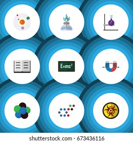 Flat Icon Study Set Of Danger, Flame, Proton And Other Vector Objects. Also Includes Attractive, Lecture, Chemical Elements.