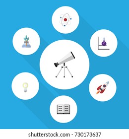 Flat Icon Study Set Of Flame, Lecture, Spaceship And Other Vector Objects. Also Includes Flame, Atom, Information Elements.