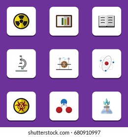 Flat Icon Study Set Of Lecture, Flame, Glass And Other Vector Objects. Also Includes Atom, Dangerous, Irradiation Elements.