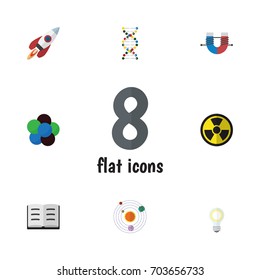 Flat Icon Study Set Of Lecture, Attractive Force, Spaceship And Other Vector Objects. Also Includes Bulb, Helix, Genome Elements.