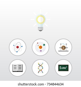 Flat Icon Study Set Of Lecture, Milky Way, Genome And Other Vector Objects. Also Includes Lightbulb, Helix, Genome Elements.