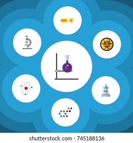 Flat Icon Study Set Of Orbit, Flask, Flame And Other Vector Objects. Also Includes Danger, Chemical, Tube Elements.