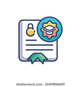 A flat icon style illustration featuring an academic diploma with seal. Clean design, vibrant colors, isolated against a White Background.