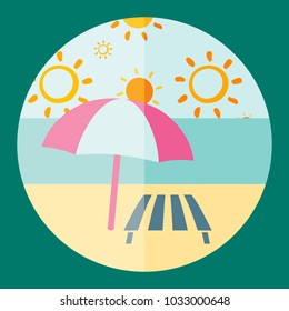 Flat icon summer sea with beach chair and pink umbrella stay in hot sand. Modern style vector illustration, pattern sun rest parasol comfort high quality background cartoon 