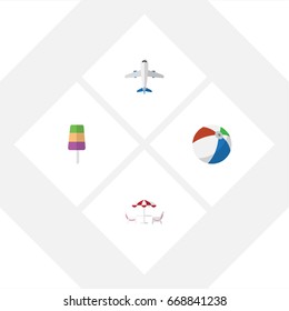 Flat Icon Summer Set Of Aircraft, Sundae, Sphere And Other Vector Objects. Also Includes Beach, Craft, Sphere Elements.