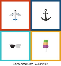 Flat Icon Summer Set Of Aircraft, Sundae, Ship Hook And Other Vector Objects. Also Includes Anchor, Eyeglasses, Sunglasses Elements.