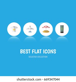 Flat Icon Summer Set Of Aircraft, Moisturizer, Parasol And Other Vector Objects. Also Includes Umbrella, Sun, Craft Elements.