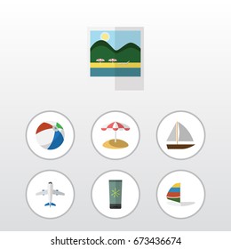 Flat Icon Summer Set Of Aircraft, Parasol, Surfing And Other Vector Objects. Also Includes Umbrella, Foto, Vessel Elements.