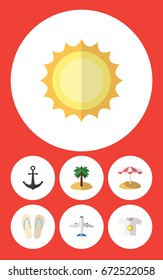 Flat Icon Summer Set Of Beach Sandals , Parasol, Coconut Vector Objects. Also Includes Plane, Sunrise, Coconut Elements.
