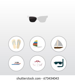 Flat Icon Summer Set Of Beach Sandals , Recliner, Surfing Vector Objects. Also Includes Spectacles, Swimmer, Recliner Elements.