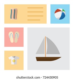 Flat Icon Summer Set Of Beach Sandals , Wiper, Yacht Vector Objects. Also Includes Yacht, Wiper, Towel Elements.