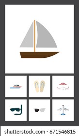 Flat Icon Summer Set Of Boat, Beach Sandals , Recliner Vector Objects. Also Includes Plane, Eyeglasses, Table Elements.