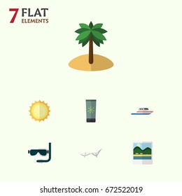 Flat Icon Summer Set Of Boat, Reminders, Sunshine And Other Vector Objects. Also Includes Yacht, Foto, Moisturizer Elements.
