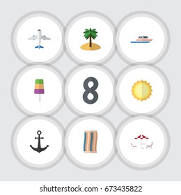 Flat Icon Summer Set Of Boat, Coconut, Aircraft And Other Vector Objects. Also Includes Cloth, Boat, Anchor Elements.