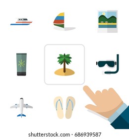 Flat Icon Summer Set Of Boat, Moisturizer, Reminders And Other Vector Objects. Also Includes Island, Yacht, Surfing Elements.