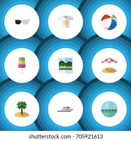 Flat Icon Summer Set Of Boat, Ocean, Spectacles And Other Vector Objects. Also Includes Foto, Coconut, Sea Elements.