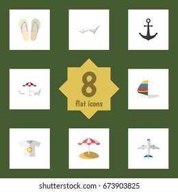Flat Icon Summer Set Of Clothes, Beach Sandals , Ship Hook Vector Objects. Also Includes Plane, Flop, Chaise Elements.