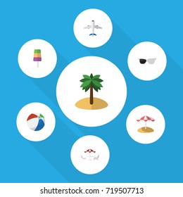 Flat Icon Summer Set Of Coconut, Parasol, Aircraft And Other Vector Objects. Also Includes Sundae, Eyeglasses, Aircraft Elements.