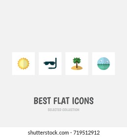 Flat Icon Summer Set Of Coconut, Ocean, Sunshine And Other Vector Objects. Also Includes Coconut, Sun, Sunrise Elements.