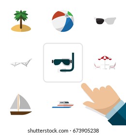 Flat Icon Summer Set Of Deck Chair, Spectacles, Yacht And Other Vector Objects. Also Includes Diving, Sphere, Chaise Elements.