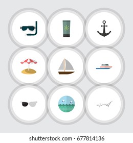 Flat Icon Summer Set Of Deck Chair, Scuba Diving, Moisturizer And Other Vector Objects. Also Includes Boat, Cream, Beach Elements.