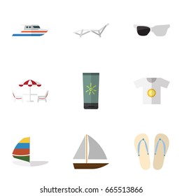 Flat Icon Summer Set Of Moisturizer, Clothes, Yacht And Other Vector Objects. Also Includes Eyeglasses, Shirt, Flop Elements.