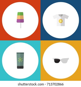 Flat Icon Summer Set Of Moisturizer, Clothes, Sundae And Other Vector Objects. Also Includes Sun, Spectacles, Clothes Elements.