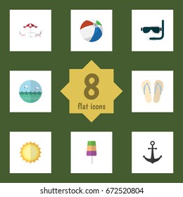 Flat Icon Summer Set Of Recliner, Ship Hook, Sundae And Other Vector Objects. Also Includes Anchor, Aqualung, Ball Elements.