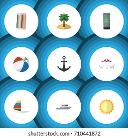 Flat Icon Summer Set Of Recliner, Surfing, Boat And Other Vector Objects. Also Includes Surfing, Cream, Sunrise Elements.