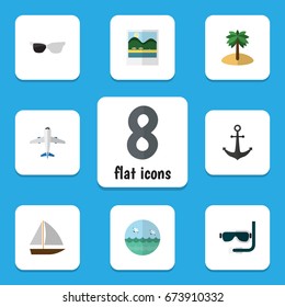 Flat Icon Summer Set Of Scuba Diving, Yacht, Aircraft And Other Vector Objects. Also Includes Coconut, Yacht, Foto Elements.