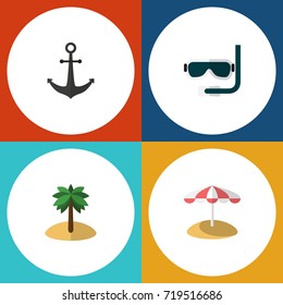 Flat Icon Summer Set Of Scuba Diving, Coconut, Parasol And Other Vector Objects. Also Includes Umbrella, Swimmer, Coconut Elements.