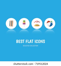 Flat Icon Summer Set Of Sphere, Parasol, Sundae And Other Vector Objects. Also Includes Cloth, Umbrella, Beach Elements.