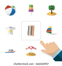Flat Icon Summer Set Of Wiper, Sphere, Clothes And Other Vector Objects. Also Includes Cream, Island, Towel Elements.