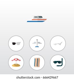 Flat Icon Summer Set Of Wiper, Boat, Scuba Diving And Other Vector Objects. Also Includes Swimmer, Yacht, Diving Elements.