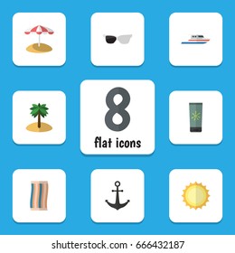 Flat Icon Summer Set Of Wiper, Spectacles, Sunshine And Other Vector Objects. Also Includes Umbrella, Cloth, Cream Elements.