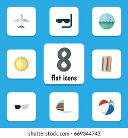 Flat Icon Summer Set Of Wiper, Sunshine, Aircraft And Other Vector Objects. Also Includes Sea, Plane, Wiper Elements.