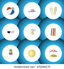 Flat Icon Summer Set Of Wiper, Spectacles, Sphere And Other Vector Objects. Also Includes Round, Sandals, Clothes Elements.