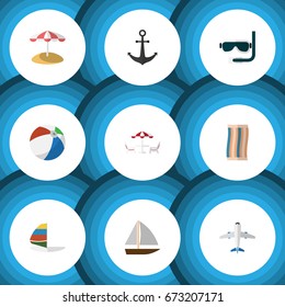Flat Icon Summer Set Of Wiper, Aircraft, Sphere And Other Vector Objects. Also Includes Aircraft, Vessel, Anchor Elements.