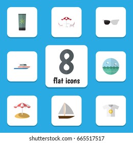 Flat Icon Summer Set Of Yacht, Spectacles, Parasol And Other Vector Objects. Also Includes Table, Recliner, Shirt Elements.