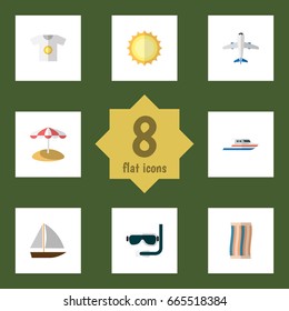Flat Icon Summer Set Of Yacht, Wiper, Sunshine And Other Vector Objects. Also Includes Diving, Shirt, Craft Elements.