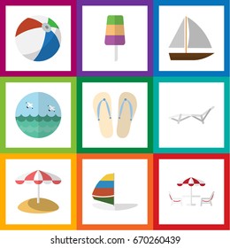 Flat Icon Summer Set Of Yacht, Ocean, Sphere And Other Vector Objects. Also Includes Sunbed, Vessel, Chair Elements.