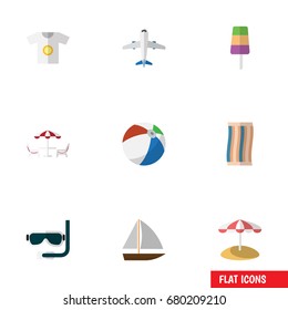 Flat Icon Summer Set Of Yacht, Parasol, Clothes And Other Vector Objects. Also Includes Ball, Aqualung, Round Elements.