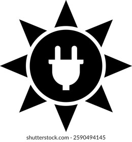The flat icon of the sun and the electric plug. Solar energy. Vector black and white illustration.