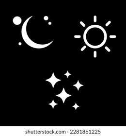 Flat icon of sun and stars, moon.  Sign sun and moon.  Vector logo for web, mobile and infographic design.  Vector illustration eps10.  Isolated on black background