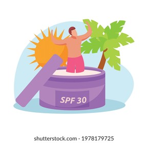 Flat icon with sun tropical tree and character in jar of sunscreen vector illustration