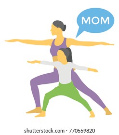 
Flat icon of super mom and daughter practicing yoga in playful style
