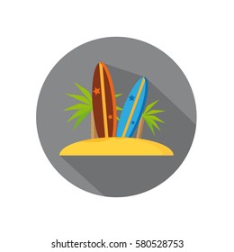 Flat Icon of Surfboard And Tropical Island For Travel And Beach